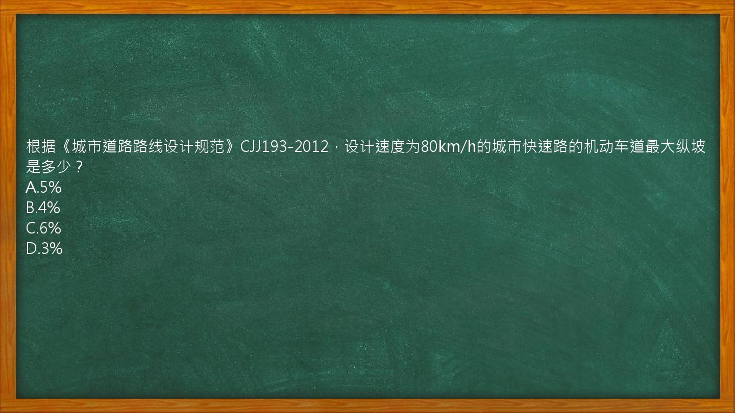 根据《城市道路路线设计规范》CJJ193-2012，设计速度为80km/h的城市快速路的机动车道最大纵坡是多少？