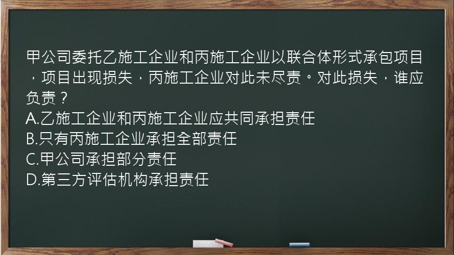 甲公司委托乙施工企业和丙施工企业以联合体形式承包项目，项目出现损失，丙施工企业对此未尽责。对此损失，谁应负责？