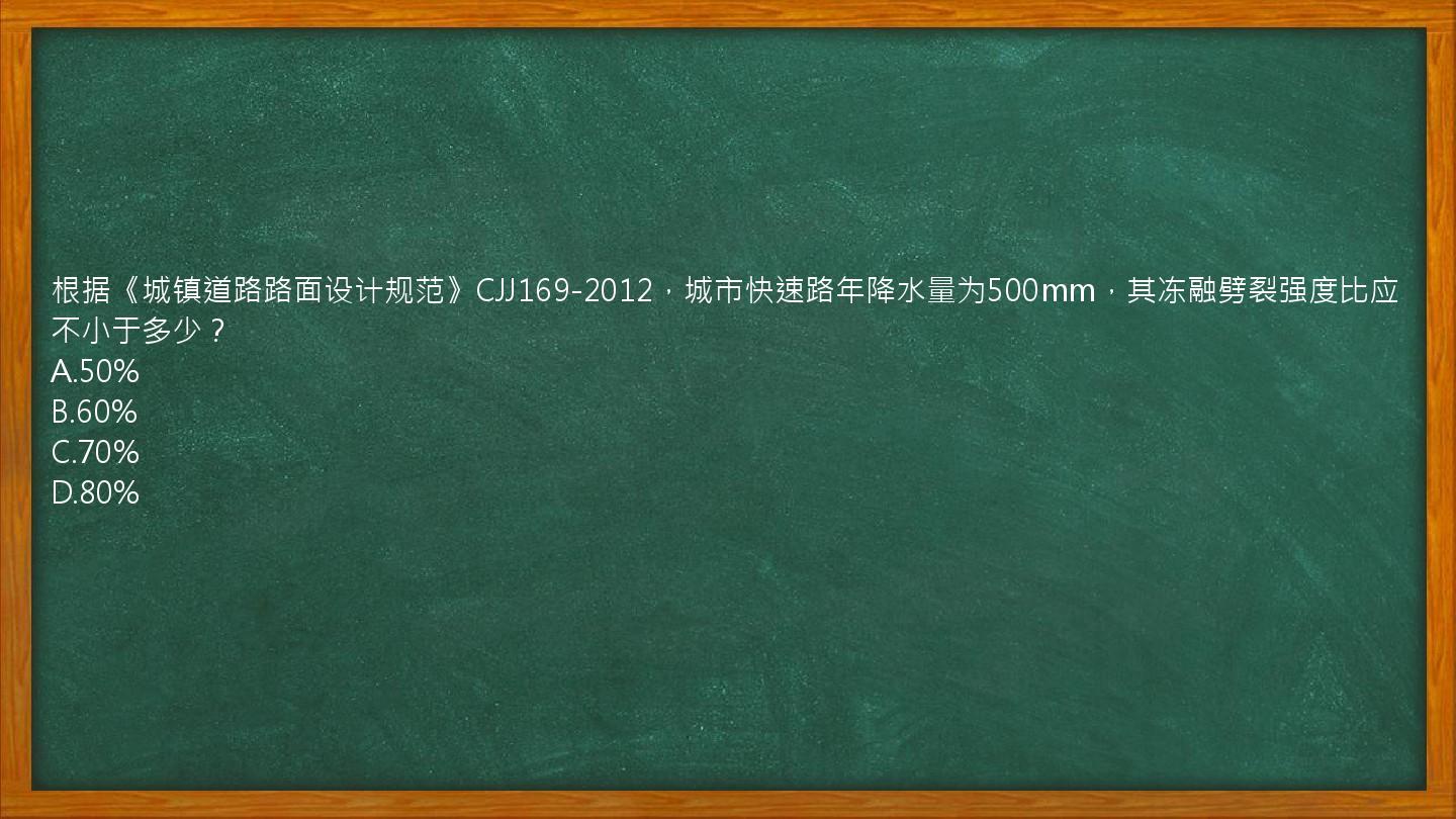 根据《城镇道路路面设计规范》CJJ169-2012，城市快速路年降水量为500mm，其冻融劈裂强度比应不小于多少？