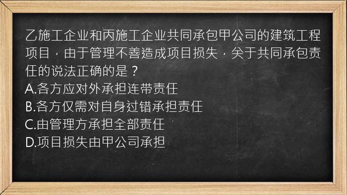 乙施工企业和丙施工企业共同承包甲公司的建筑工程项目，由于管理不善造成项目损失，关于共同承包责任的说法正确的是？