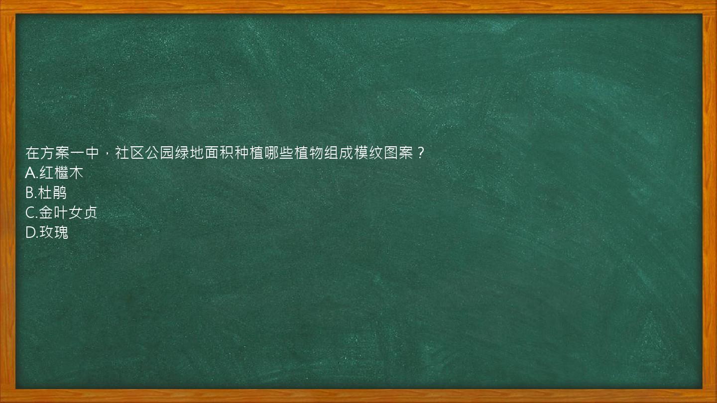 在方案一中，社区公园绿地面积种植哪些植物组成模纹图案？