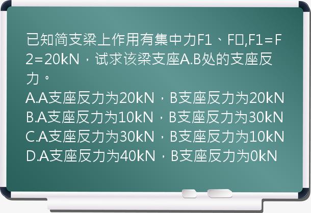 已知简支梁上作用有集中力F1、F₂,F1=F2=20kN，试求该梁支座A.B处的支座反力。