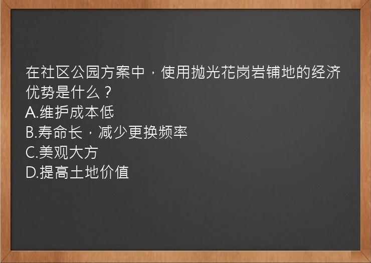 在社区公园方案中，使用抛光花岗岩铺地的经济优势是什么？