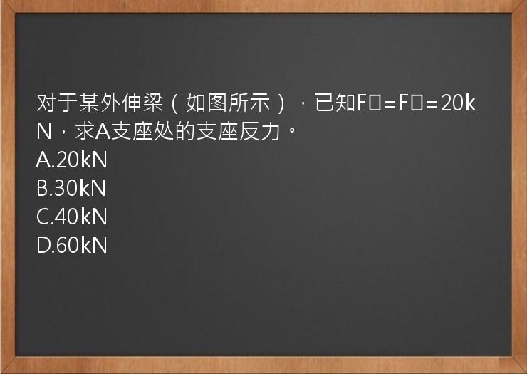 对于某外伸梁（如图所示），已知F₁=F₂=20kN，求A支座处的支座反力。