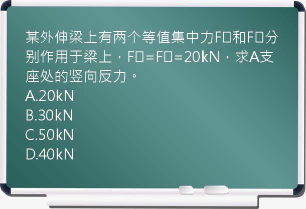 某外伸梁上有两个等值集中力F₁和F₂分别作用于梁上，F₁=F₂=20kN，求A支座处的竖向反力。