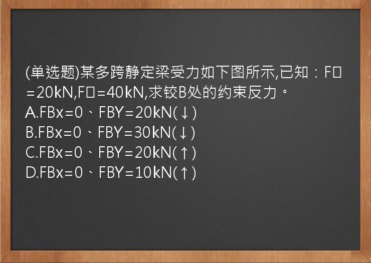 (单选题)某多跨静定梁受力如下图所示,已知：F₁=20kN,F₂=40kN,求铰B处的约束反力。