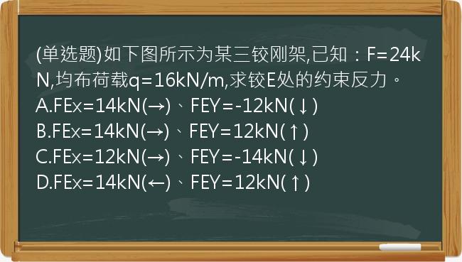 (单选题)如下图所示为某三铰刚架,已知：F=24kN,均布荷载q=16kN/m,求铰E处的约束反力。