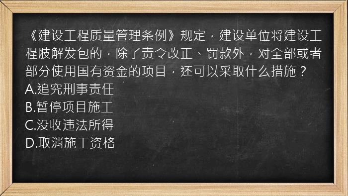 《建设工程质量管理条例》规定，建设单位将建设工程肢解发包的，除了责令改正、罚款外，对全部或者部分使用国有资金的项目，还可以采取什么措施？