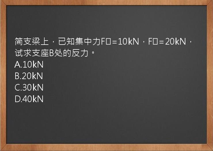 简支梁上，已知集中力F₁=10kN，F₂=20kN，试求支座B处的反力。