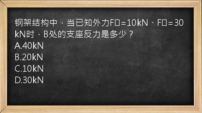 钢架结构中，当已知外力F₁=10kN、F₂=30kN时，B处的支座反力是多少？