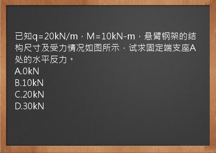 已知q=20kN/m，M=10kN-m，悬臂钢架的结构尺寸及受力情况如图所示，试求固定端支座A处的水平反力。