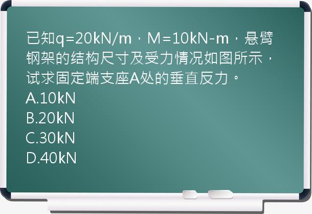 已知q=20kN/m，M=10kN-m，悬臂钢架的结构尺寸及受力情况如图所示，试求固定端支座A处的垂直反力。