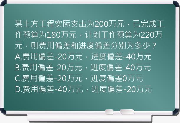 某土方工程实际支出为200万元，已完成工作预算为180万元，计划工作预算为220万元，则费用偏差和进度偏差分别为多少？