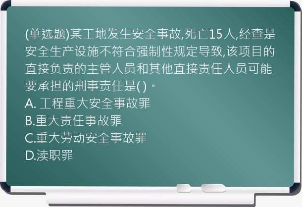 (单选题)某工地发生安全事故,死亡15人,经查是安全生产设施不符合强制性规定导致,该项目的直接负责的主管人员和其他直接责任人员可能要承担的刑事责任是( )。