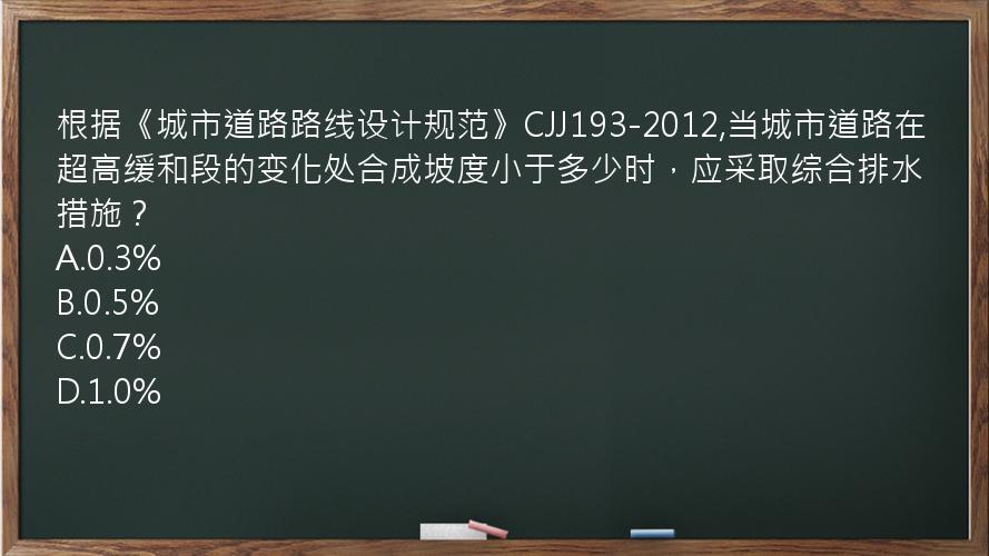 根据《城市道路路线设计规范》CJJ193-2012,当城市道路在超高缓和段的变化处合成坡度小于多少时，应采取综合排水措施？