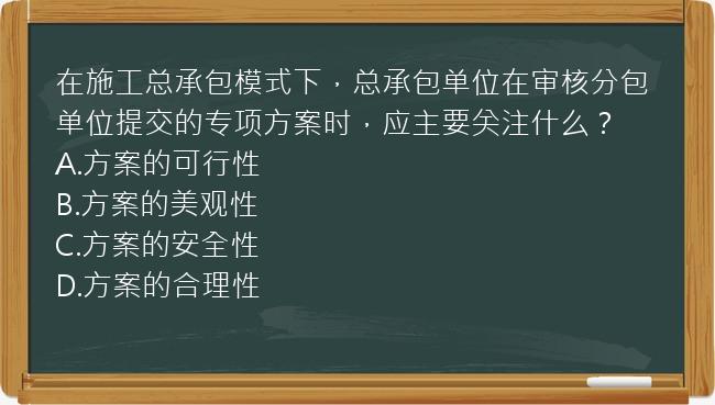 在施工总承包模式下，总承包单位在审核分包单位提交的专项方案时，应主要关注什么？