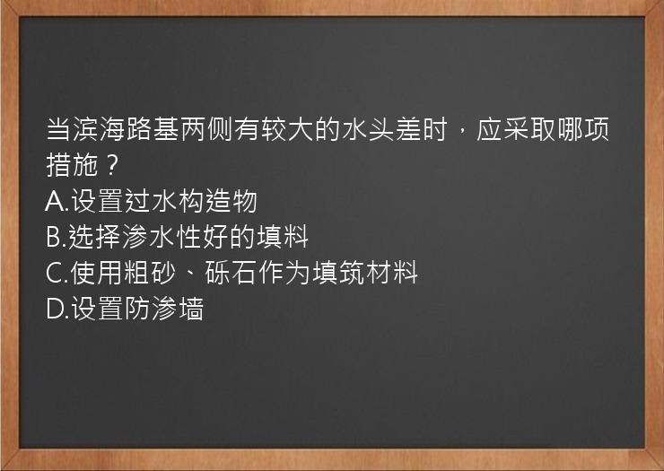 当滨海路基两侧有较大的水头差时，应采取哪项措施？