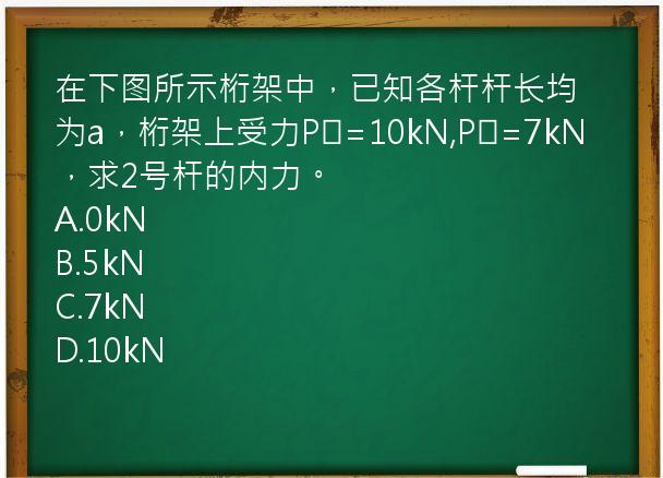 在下图所示桁架中，已知各杆杆长均为a，桁架上受力P₁=10kN,P₂=7kN，求2号杆的内力。