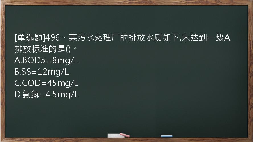 [单选题]496、某污水处理厂的排放水质如下,未达到一级A排放标准的是()。