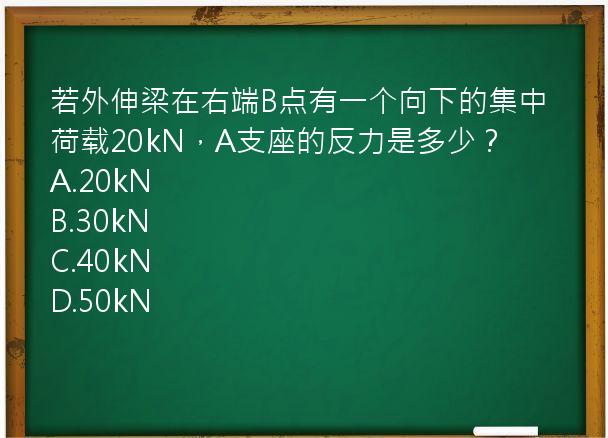 若外伸梁在右端B点有一个向下的集中荷载20kN，A支座的反力是多少？