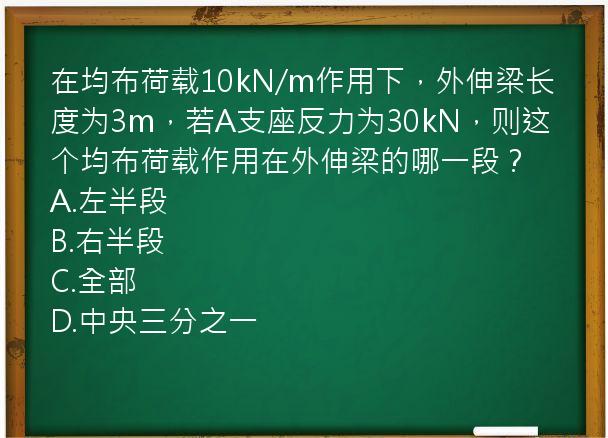 在均布荷载10kN/m作用下，外伸梁长度为3m，若A支座反力为30kN，则这个均布荷载作用在外伸梁的哪一段？