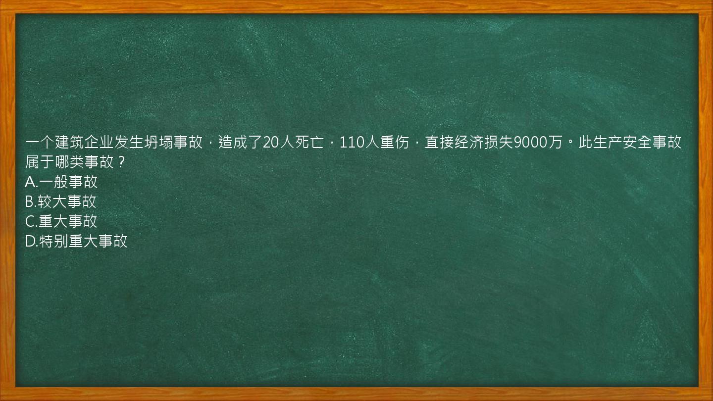 一个建筑企业发生坍塌事故，造成了20人死亡，110人重伤，直接经济损失9000万。此生产安全事故属于哪类事故？