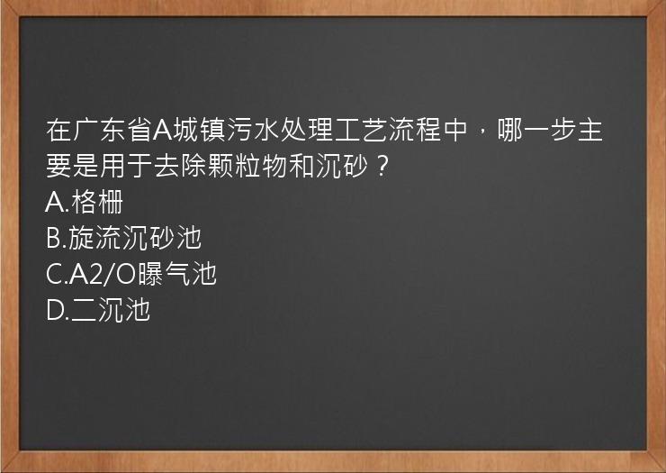 在广东省A城镇污水处理工艺流程中，哪一步主要是用于去除颗粒物和沉砂？