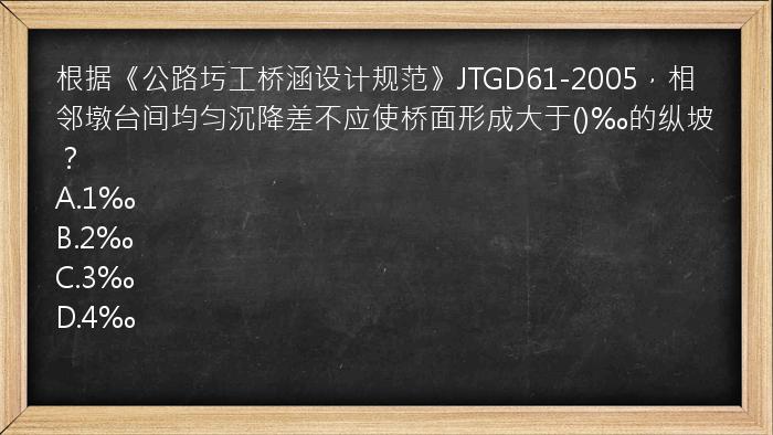 根据《公路圬工桥涵设计规范》JTGD61-2005，相邻墩台间均匀沉降差不应使桥面形成大于()‰的纵坡？