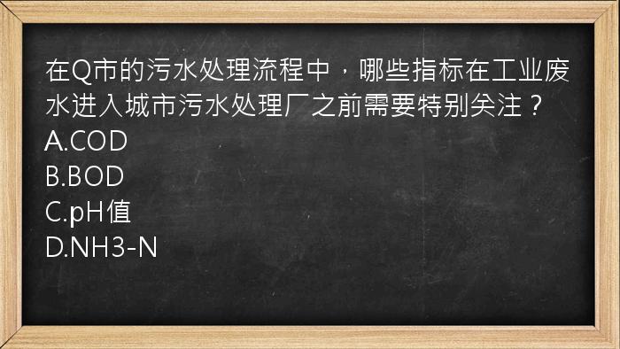 在Q市的污水处理流程中，哪些指标在工业废水进入城市污水处理厂之前需要特别关注？