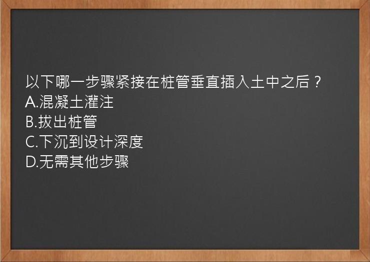 以下哪一步骤紧接在桩管垂直插入土中之后？