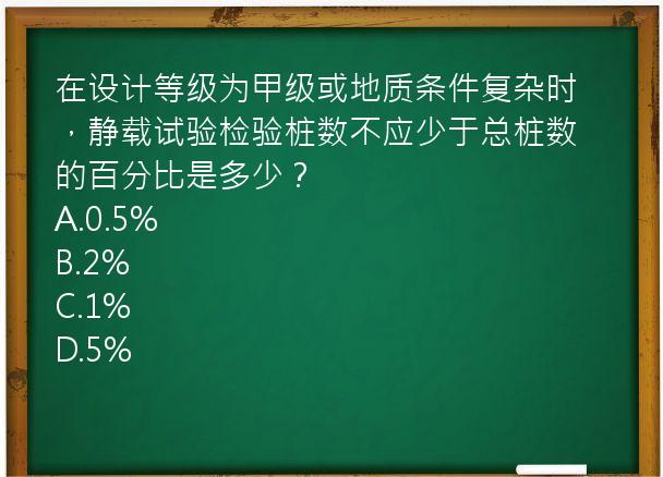 在设计等级为甲级或地质条件复杂时，静载试验检验桩数不应少于总桩数的百分比是多少？