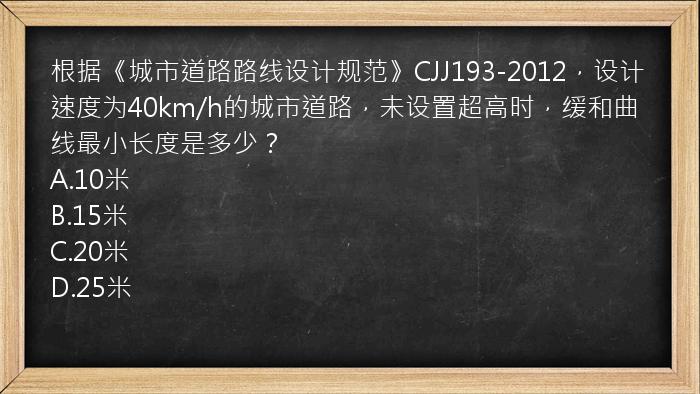 根据《城市道路路线设计规范》CJJ193-2012，设计速度为40km/h的城市道路，未设置超高时，缓和曲线最小长度是多少？