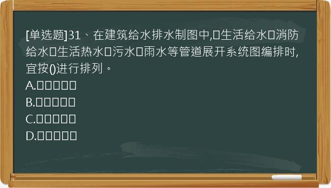 [单选题]31、在建筑给水排水制图中,①生活给水②消防给水③生活热水④污水⑤雨水等管道展开系统图编排时,宜按()进行排列。