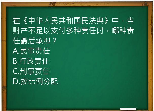 在《中华人民共和国民法典》中，当财产不足以支付多种责任时，哪种责任最后承担？