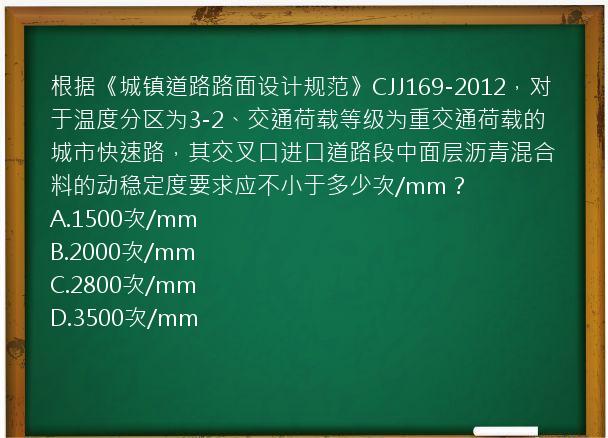 根据《城镇道路路面设计规范》CJJ169-2012，对于温度分区为3-2、交通荷载等级为重交通荷载的城市快速路，其交叉口进口道路段中面层沥青混合料的动稳定度要求应不小于多少次/mm？