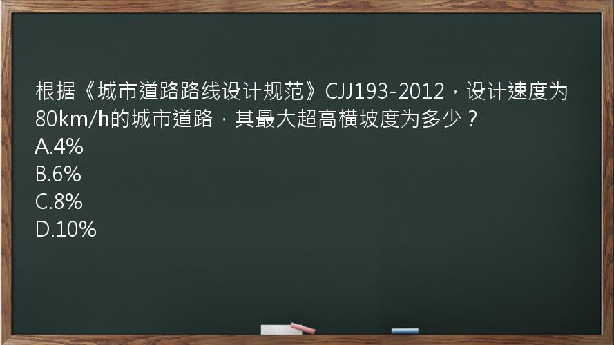 根据《城市道路路线设计规范》CJJ193-2012，设计速度为80km/h的城市道路，其最大超高横坡度为多少？