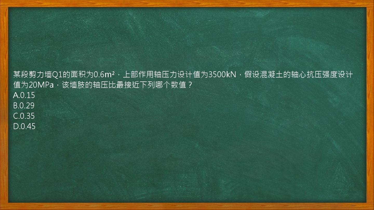 某段剪力墙Q1的面积为0.6m²，上部作用轴压力设计值为3500kN，假设混凝土的轴心抗压强度设计值为20MPa，该墙肢的轴压比最接近下列哪个数值？