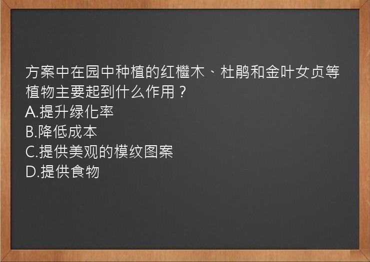 方案中在园中种植的红檵木、杜鹃和金叶女贞等植物主要起到什么作用？