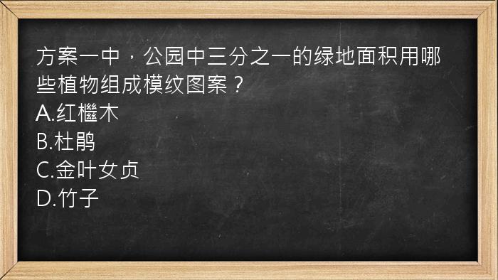 方案一中，公园中三分之一的绿地面积用哪些植物组成模纹图案？