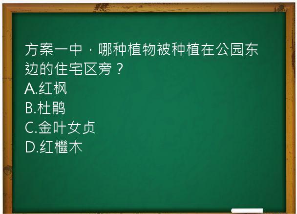 方案一中，哪种植物被种植在公园东边的住宅区旁？