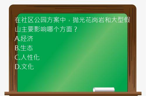 在社区公园方案中，抛光花岗岩和大型假山主要影响哪个方面？