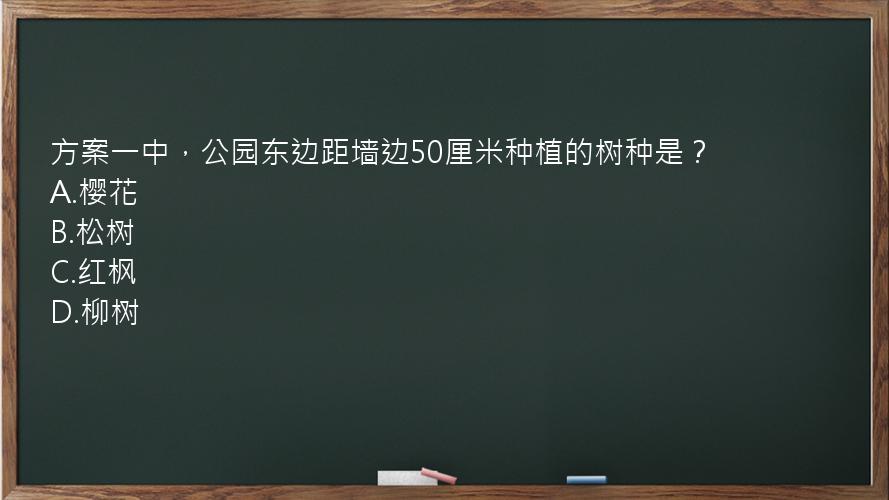 方案一中，公园东边距墙边50厘米种植的树种是？